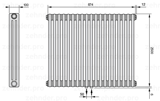 Схема (чертеж) Радиатор Zehnder Charleston 3250/19 №5410 Белый глянцевый RAL 9016